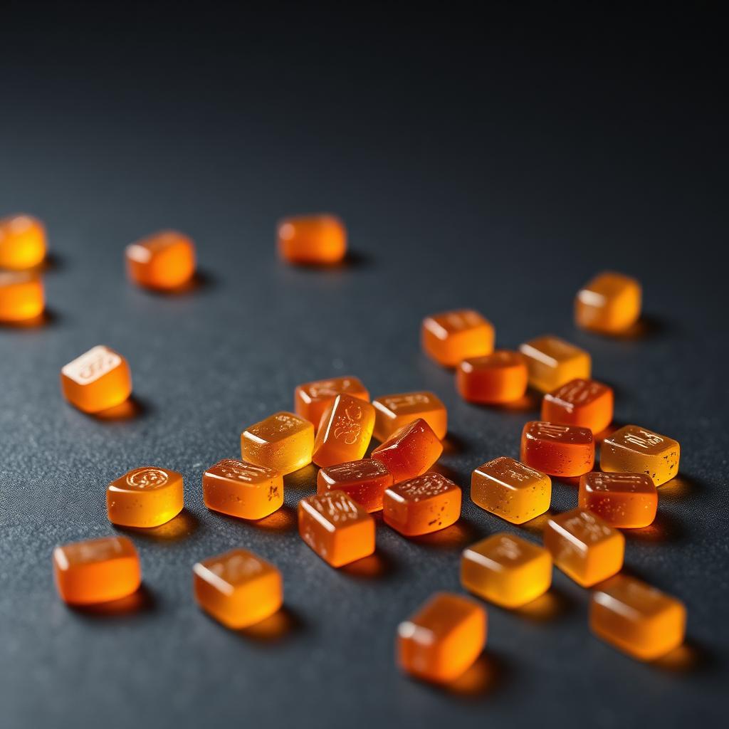 Amber pectin gummy vitamins on a dark surface